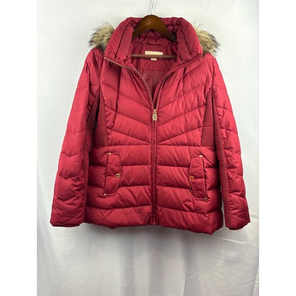 Women’s Michael Kors XL Burgundy Puffer Jacket with Fur Lined Hood - Picture 1 of 6